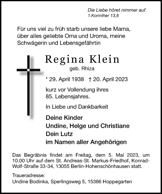 Traueranzeige von Regina Klein von Ostsee-Zeitung GmbH