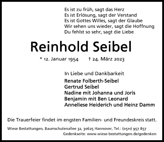 Traueranzeige von Reinhold Seibel von Hannoversche Allgemeine Zeitung/Neue Presse