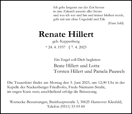 Traueranzeige von Renate Hillert von Hannoversche Allgemeine Zeitung/Neue Presse