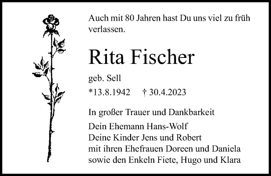 Traueranzeige von Rita Fischer von Ostsee-Zeitung GmbH