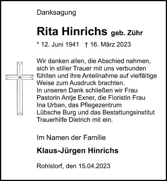 Traueranzeige von Rita Hinrichs von Ostsee-Zeitung GmbH