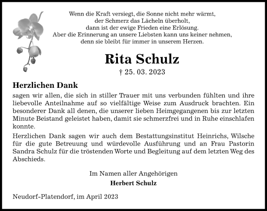 Traueranzeige von Rita Schulz von Aller Zeitung