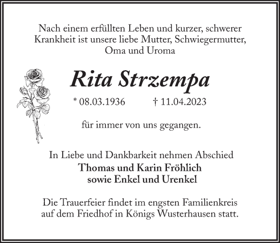 Traueranzeige von Rita Strzempa von Märkischen Allgemeine Zeitung