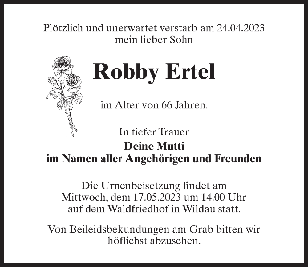  Traueranzeige für Robby Ertel vom 29.04.2023 aus Märkischen Allgemeine Zeitung