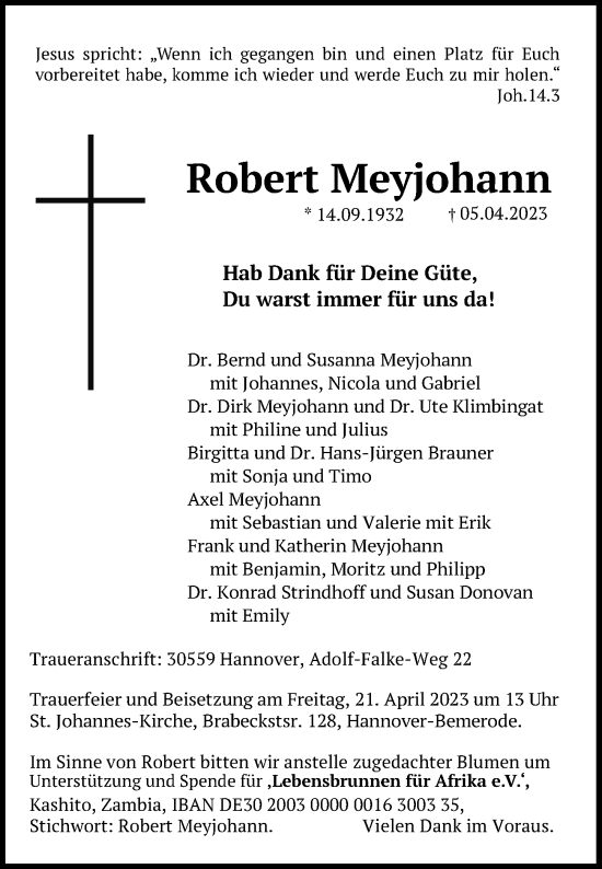 Traueranzeige von Robert Meyjohann von Hannoversche Allgemeine Zeitung/Neue Presse