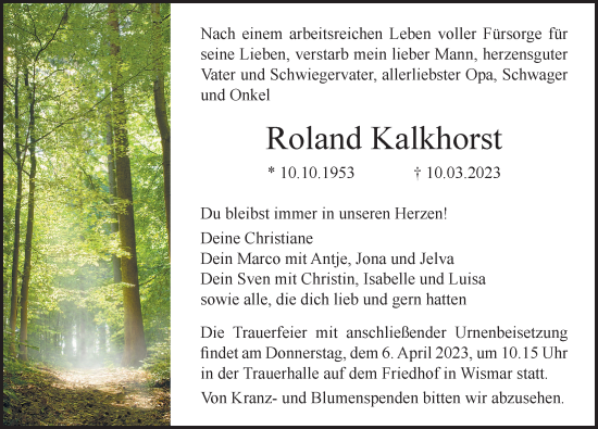 Traueranzeige von Roland Kalkhorst von Ostsee-Zeitung GmbH