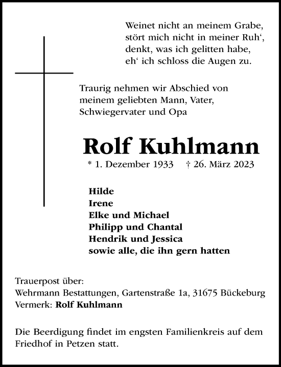 Traueranzeige von Rolf Kuhlmann von Schaumburger Nachrichten