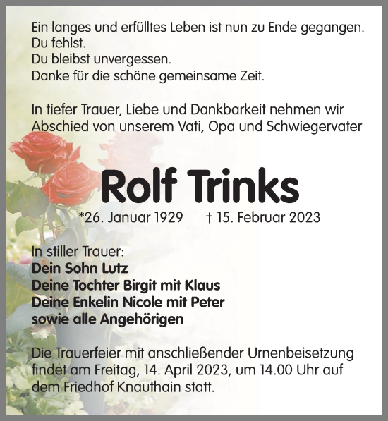 Traueranzeige von Rolf Trinks von Leipziger Volkszeitung