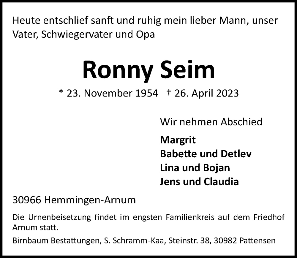  Traueranzeige für Ronny Seim vom 29.04.2023 aus Hannoversche Allgemeine Zeitung/Neue Presse