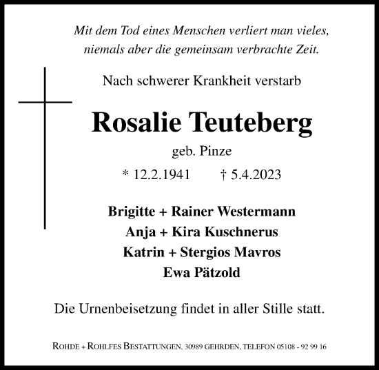 Traueranzeige von Rosalie Teuteberg von Hannoversche Allgemeine Zeitung/Neue Presse