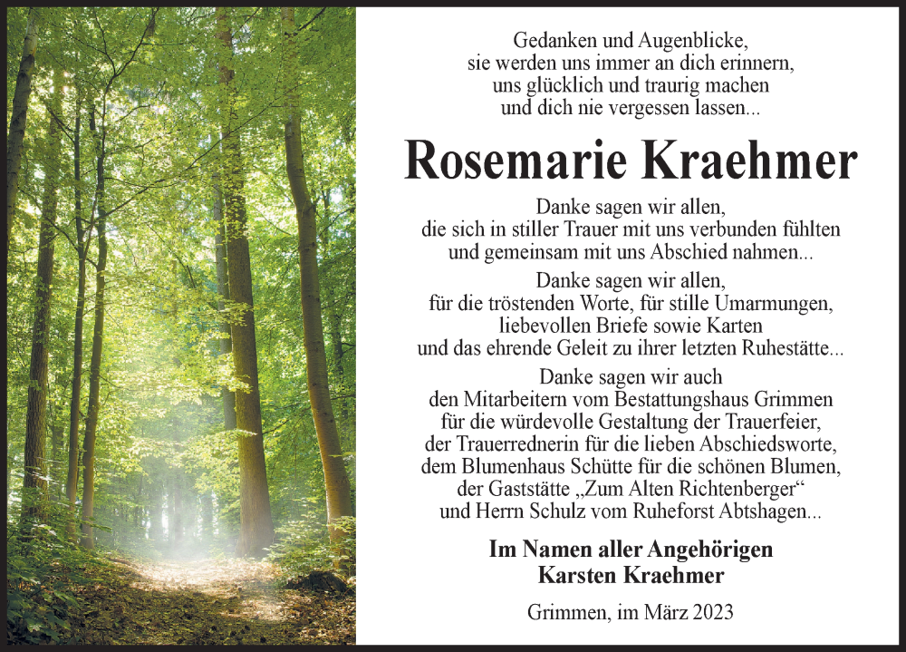  Traueranzeige für Rosemarie Kraehmer vom 01.04.2023 aus Ostsee-Zeitung GmbH