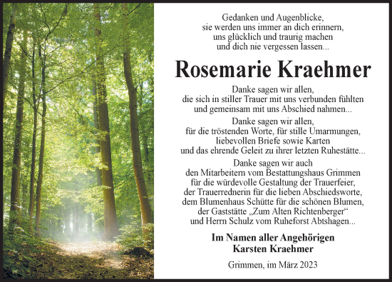 Traueranzeige von Rosemarie Kraehmer von Ostsee-Zeitung GmbH