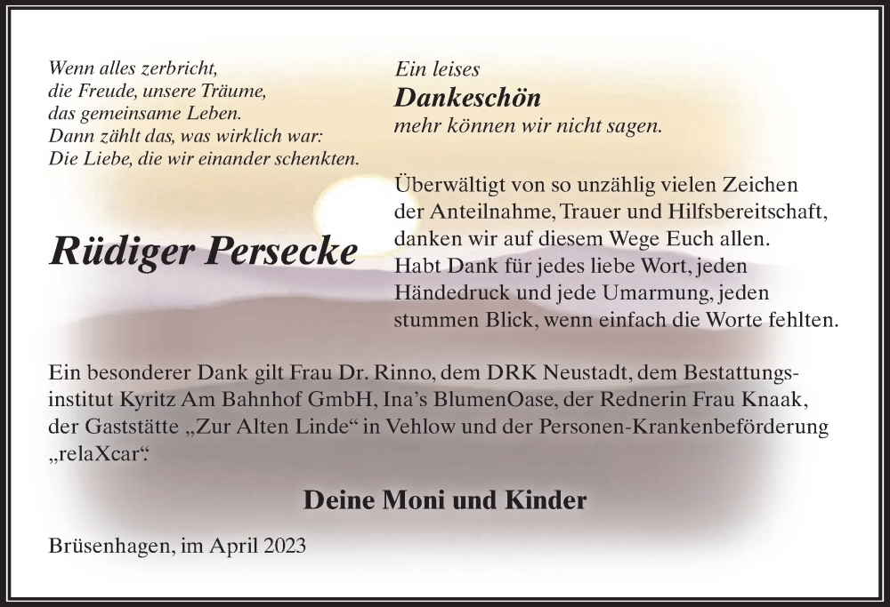  Traueranzeige für Rüdiger Persecke vom 15.04.2023 aus Märkischen Allgemeine Zeitung