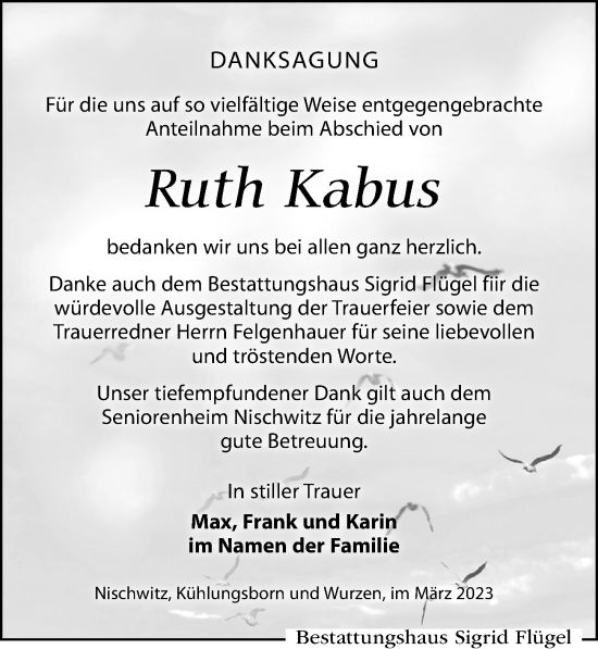 Traueranzeige von Ruth Kabus von Leipziger Volkszeitung