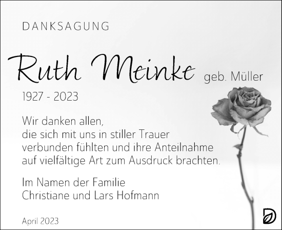Traueranzeige von Ruth Meinke von Leipziger Volkszeitung