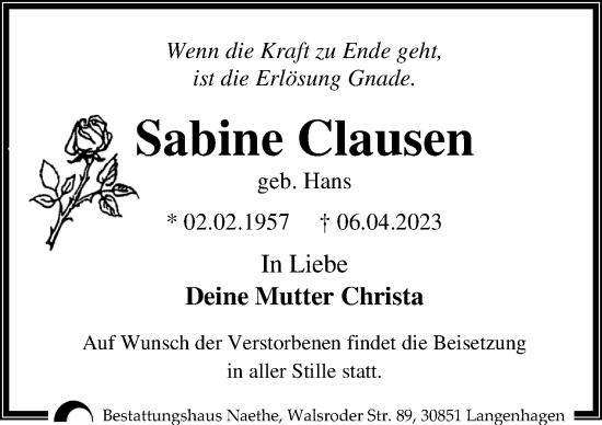 Traueranzeige von Sabine Clausen von Hannoversche Allgemeine Zeitung/Neue Presse