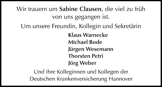 Traueranzeige von Sabine Clausen von Hannoversche Allgemeine Zeitung/Neue Presse