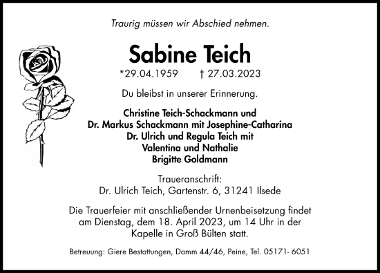 Traueranzeige von Sabine Teich von Peiner Allgemeine Zeitung
