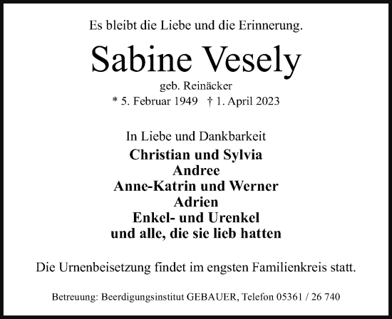 Traueranzeige von Sabine Vesely von Aller Zeitung