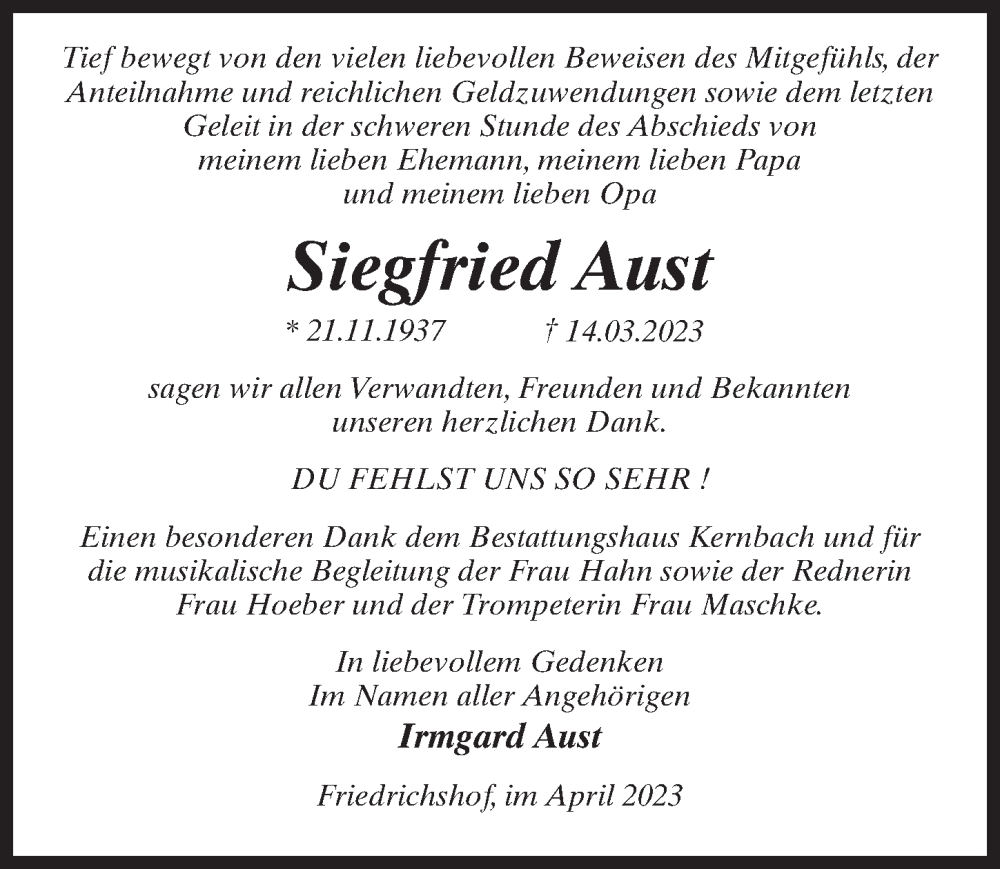 Traueranzeige für Siegfried Aust vom 29.04.2023 aus Märkischen Allgemeine Zeitung