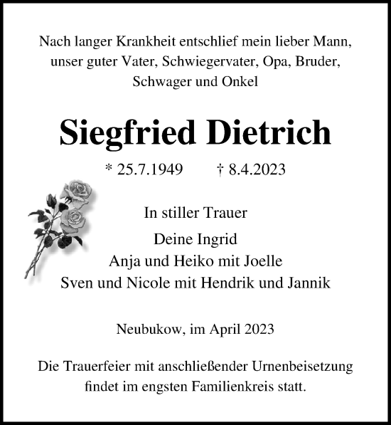 Traueranzeige von Siegfried Dietrich von Ostsee-Zeitung GmbH