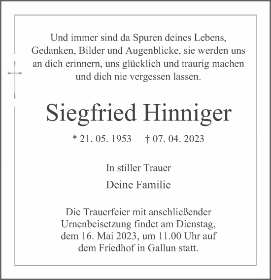 Traueranzeige von Siegfried Hinniger von Märkischen Allgemeine Zeitung