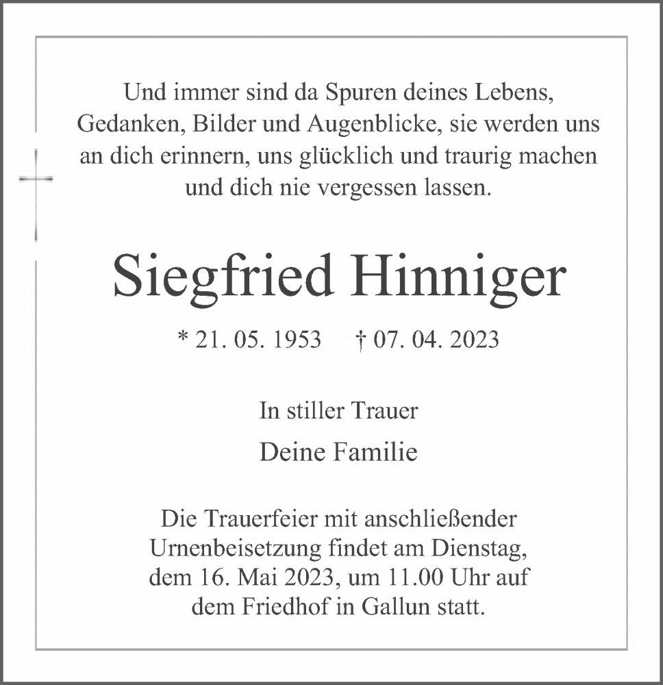  Traueranzeige für Siegfried Hinniger vom 15.04.2023 aus Märkischen Allgemeine Zeitung