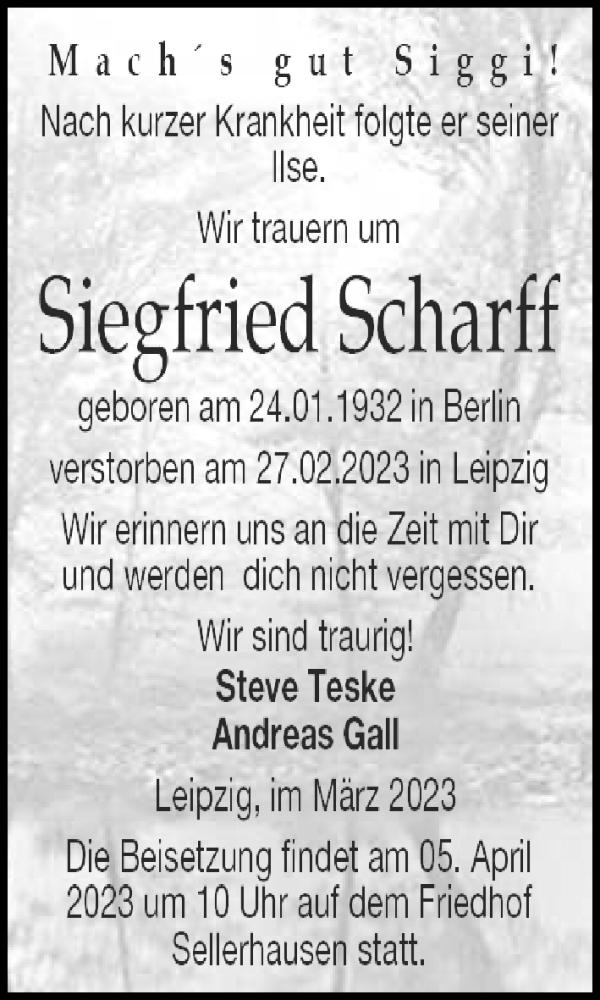  Traueranzeige für Siegfried Scharff vom 01.04.2023 aus Leipziger Volkszeitung