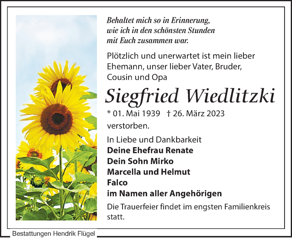  Traueranzeige für Siegfried Wiedlitzki vom 08.04.2023 aus Leipziger Volkszeitung