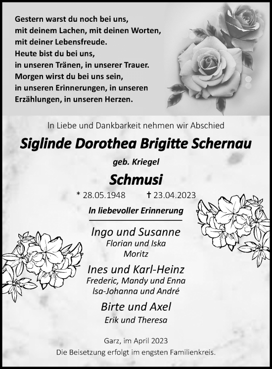 Traueranzeige von Siglinde Dorothea Brigitte Schernau von Ostsee-Zeitung GmbH