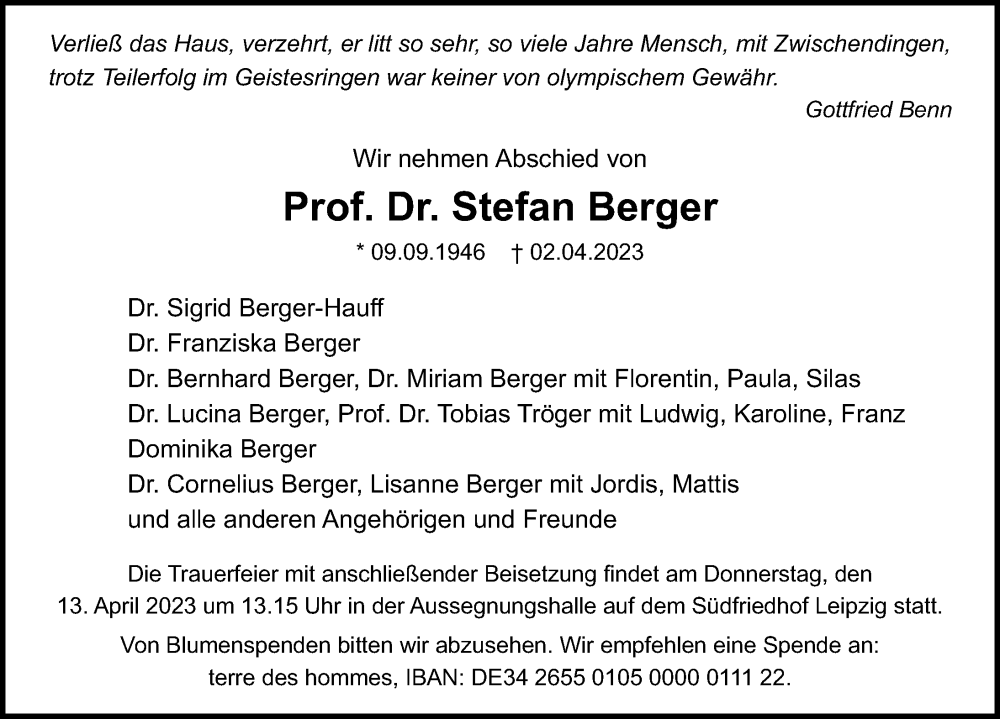  Traueranzeige für Stefan Berger vom 08.04.2023 aus Leipziger Volkszeitung