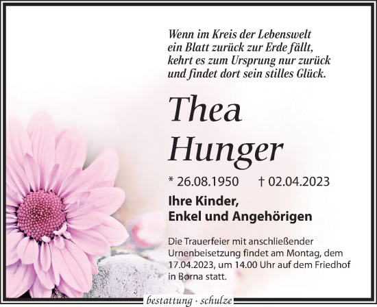 Traueranzeige von Thea Hunger von Leipziger Volkszeitung