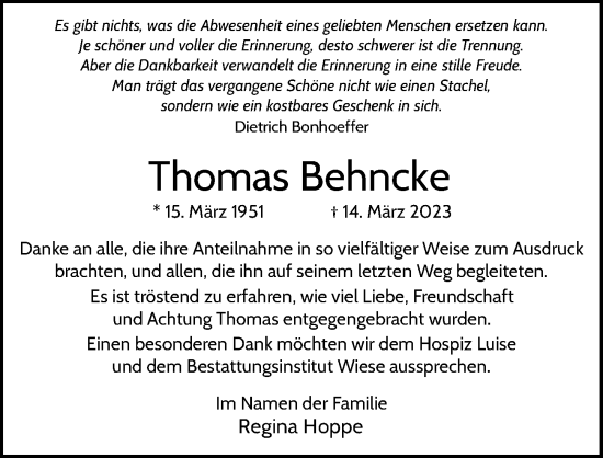 Traueranzeige von Thomas Behncke von Hannoversche Allgemeine Zeitung/Neue Presse