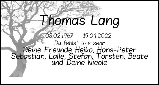 Traueranzeige von Thomas Lang von Kieler Nachrichten