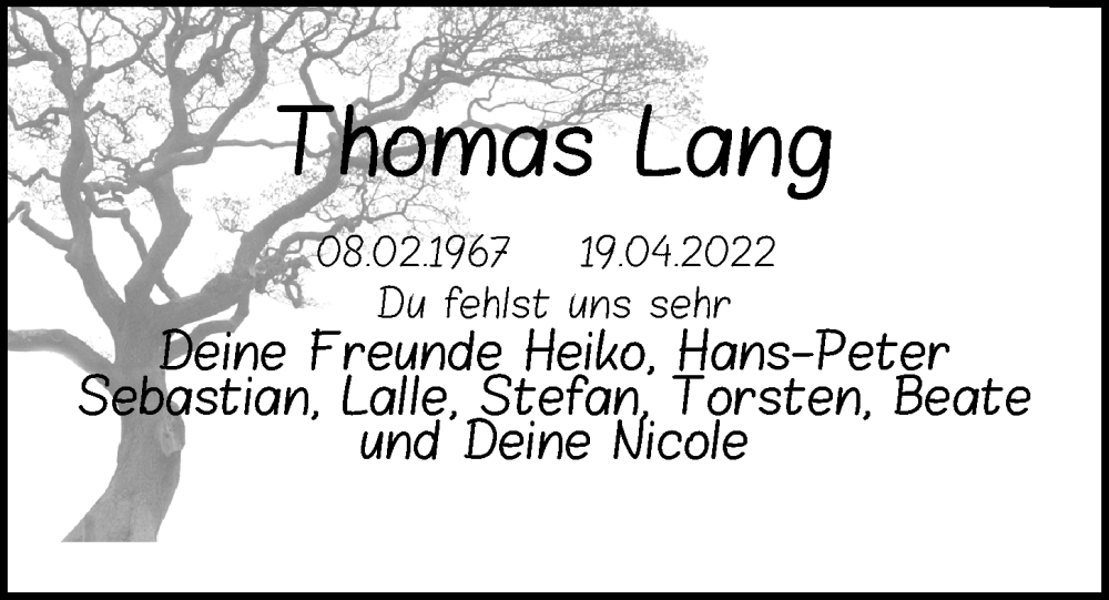  Traueranzeige für Thomas Lang vom 22.04.2023 aus Kieler Nachrichten