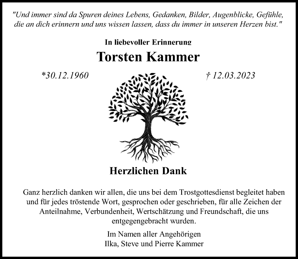  Traueranzeige für Torsten Kammer vom 22.04.2023 aus Hannoversche Allgemeine Zeitung/Neue Presse