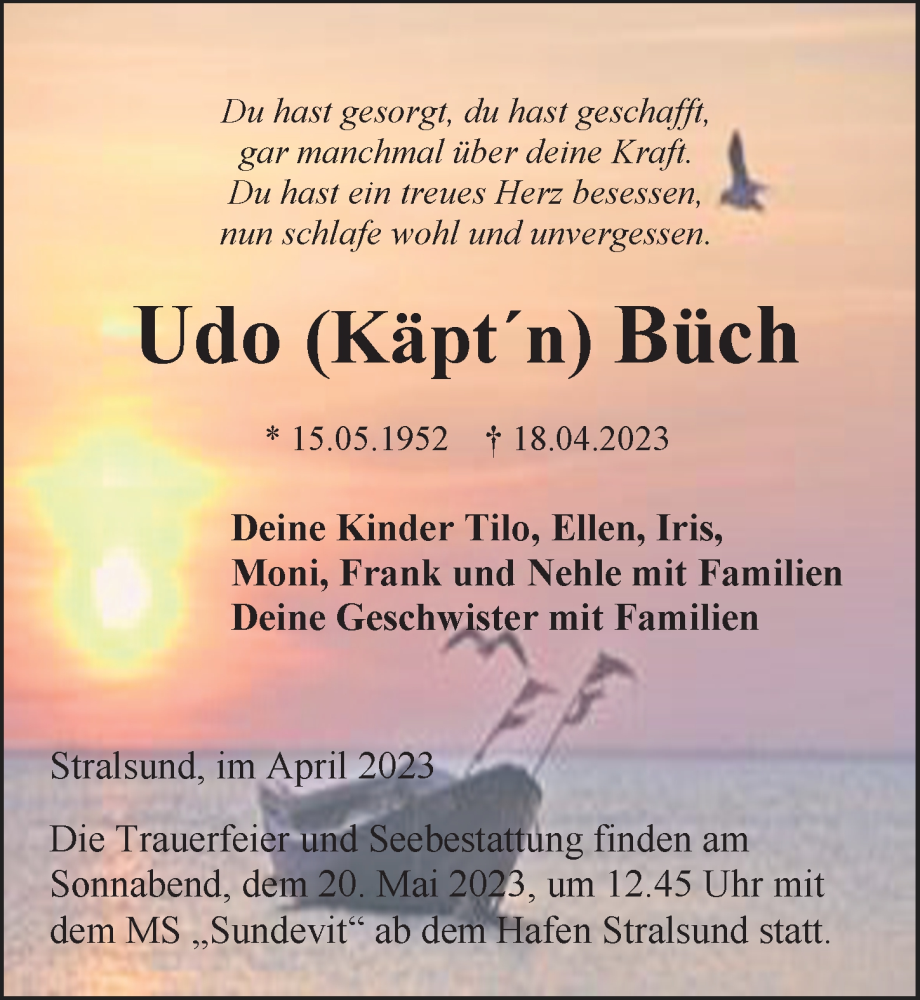  Traueranzeige für Udo Büch vom 29.04.2023 aus Ostsee-Zeitung GmbH