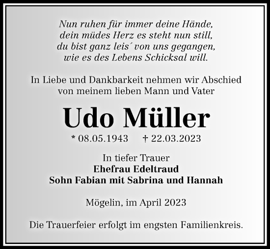 Traueranzeige von Udo Müller von Märkischen Allgemeine Zeitung