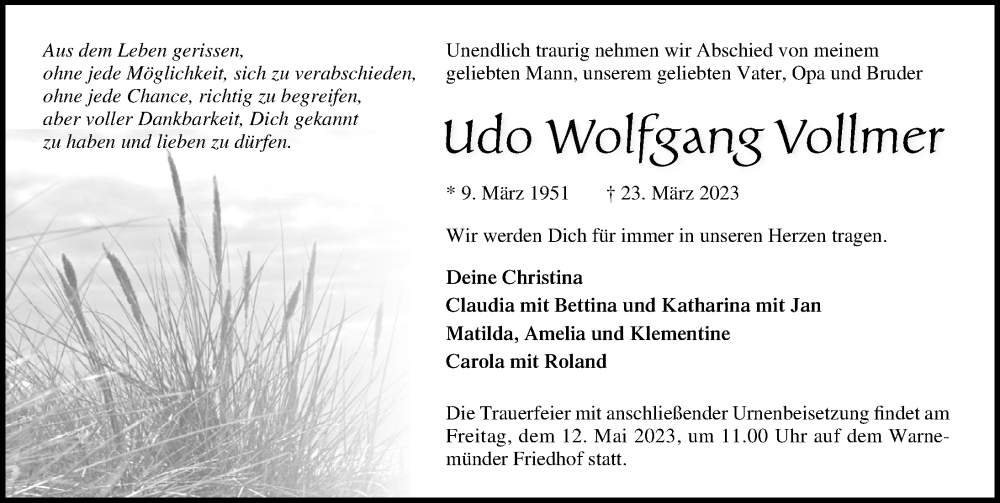  Traueranzeige für Udo Wolfgang Vollmer vom 15.04.2023 aus Ostsee-Zeitung GmbH