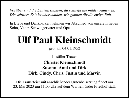 Traueranzeige von Ulf Paul Kleinschmidt von Ostsee-Zeitung GmbH