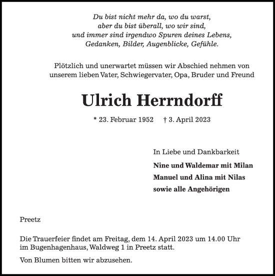 Traueranzeige von Ulrich Herrndorff von Kieler Nachrichten