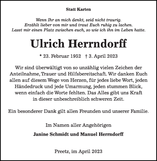 Traueranzeige von Ulrich Herrndorff von Kieler Nachrichten