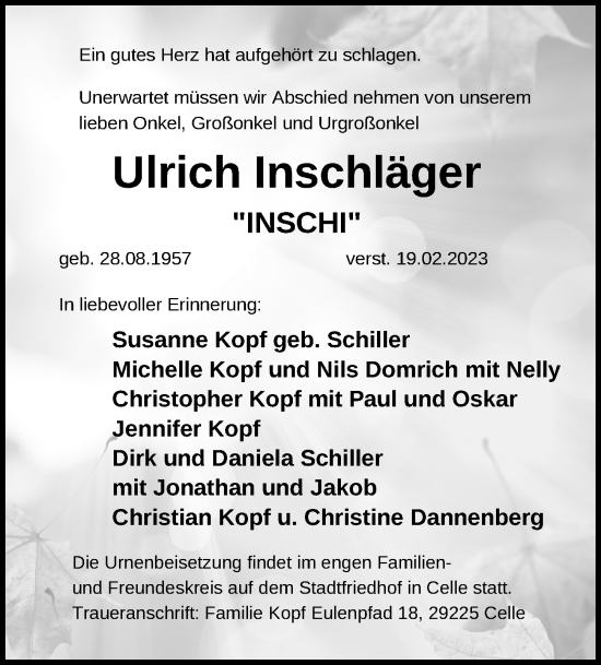 Traueranzeige von Ulrich Inschläger von Hannoversche Allgemeine Zeitung/Neue Presse