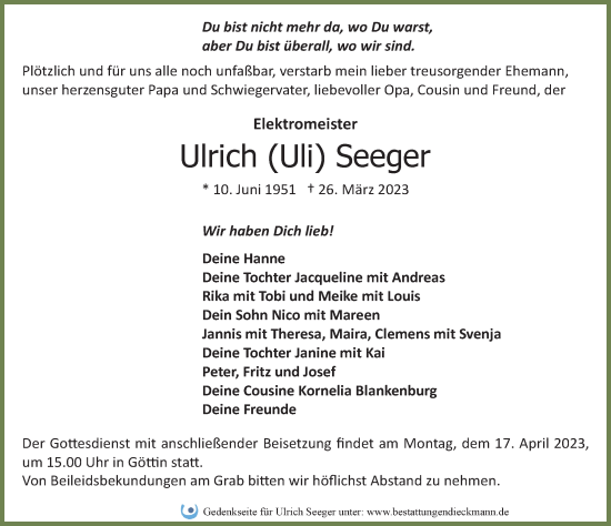 Traueranzeige von Ulrich Seeger von Märkischen Allgemeine Zeitung