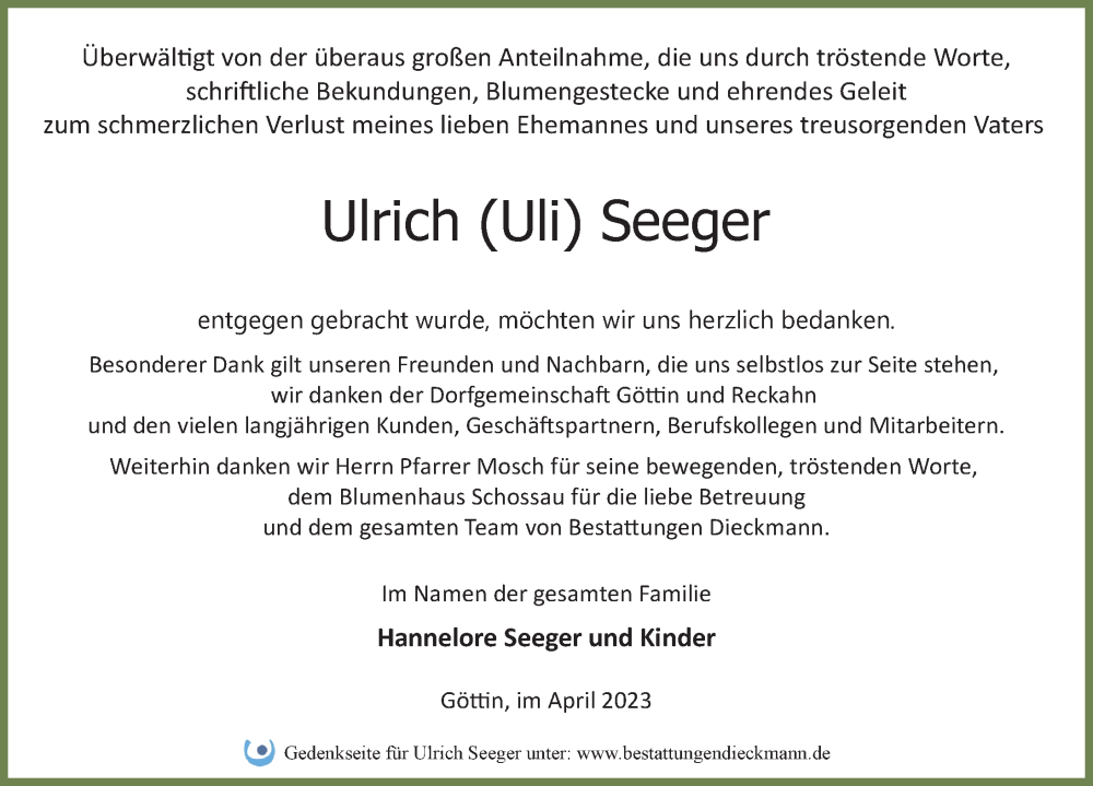  Traueranzeige für Ulrich Seeger vom 29.04.2023 aus Märkischen Allgemeine Zeitung