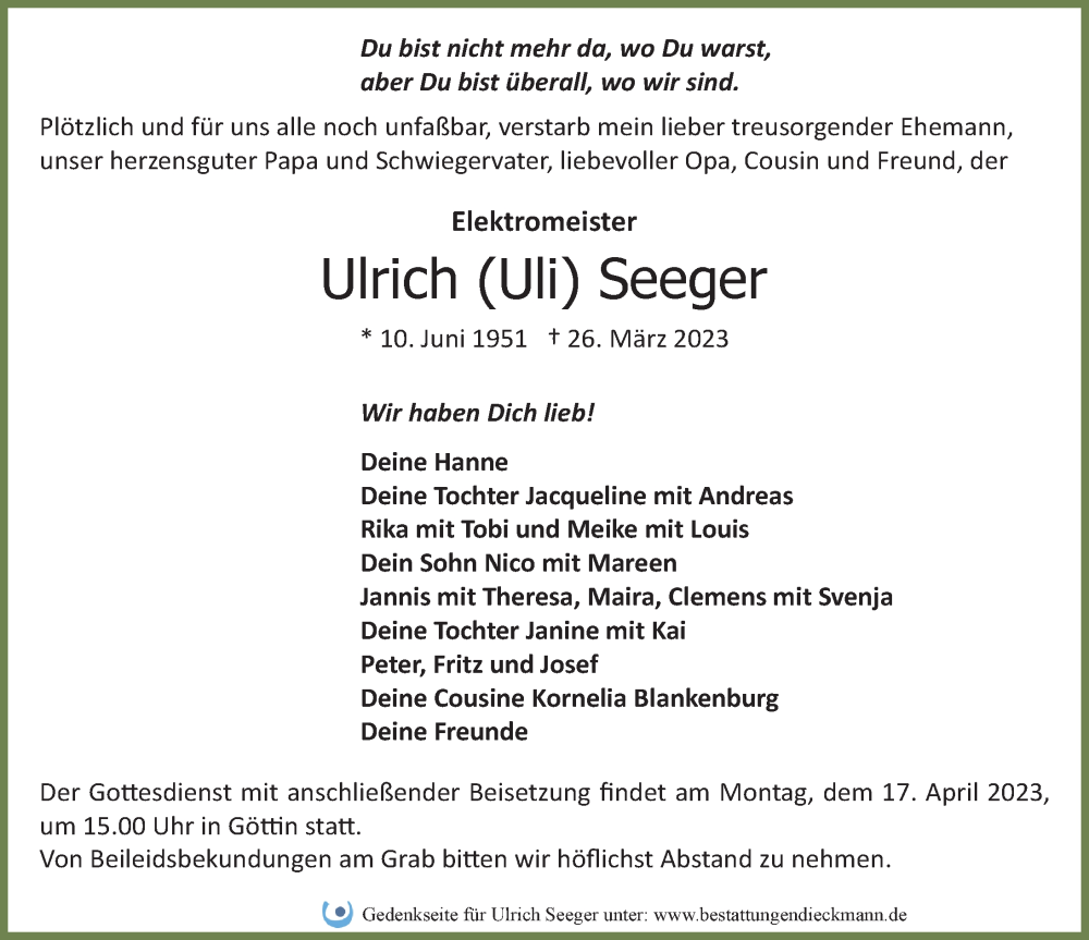  Traueranzeige für Ulrich Seeger vom 01.04.2023 aus Märkischen Allgemeine Zeitung