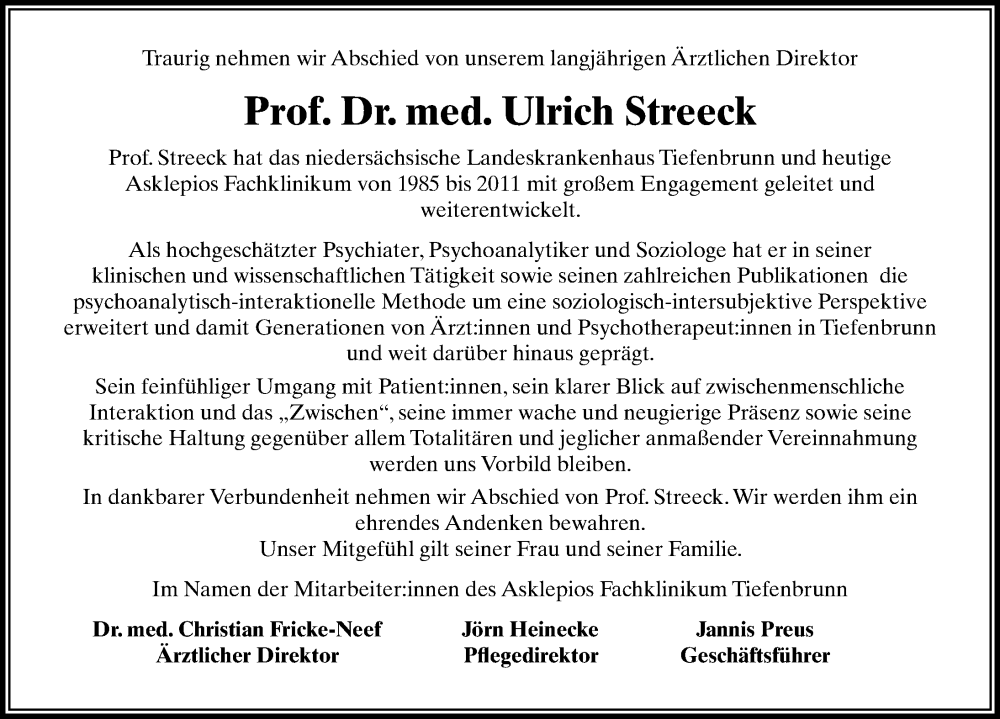  Traueranzeige für Ulrich Streeck vom 29.04.2023 aus Göttinger Tageblatt