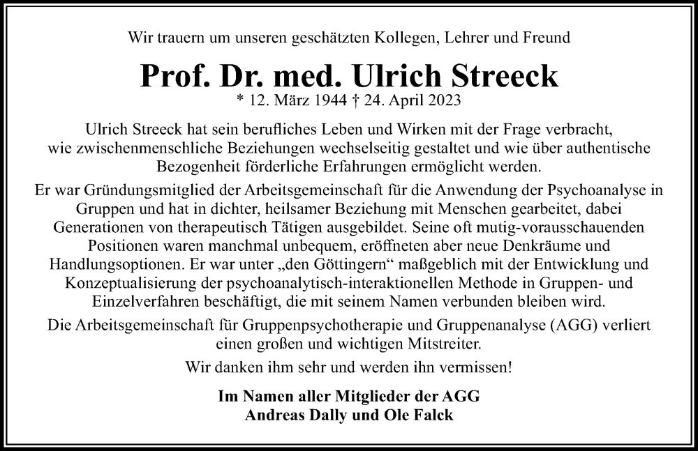  Traueranzeige für Ulrich Streeck vom 29.04.2023 aus Göttinger Tageblatt