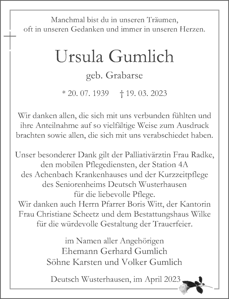  Traueranzeige für Ursula Gumlich vom 01.04.2023 aus Märkischen Allgemeine Zeitung