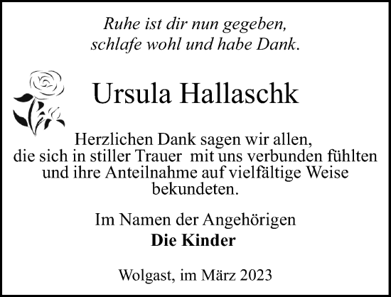Traueranzeige von Ursula Hallaschk von Ostsee-Zeitung GmbH
